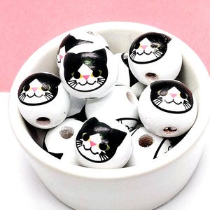 10 Black Cat Beads - Wooden Cat Beads - Black Kitty - Cute Cat Beads - Cat Face - Painted Wood Beads - Round Wood Beads - 15mm