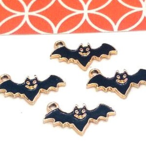 4 or 10 Black Bat Charms - Halloween Charms - Enameled Charms - Black and Gold - Bat Charm - Animal Charm - Bat Pendant - Hanging Bat - 23mm