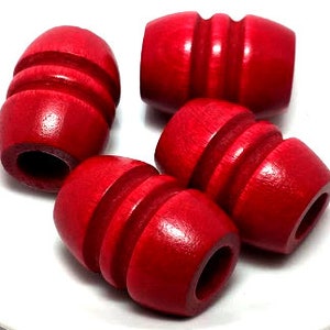 4 or 10 Red Large Hole Wood Beads - Red Wooden Bead - Wood Macrame Beads - Beads with Large Hole - Vintage Macrame Beads - Hair Beads - 28mm