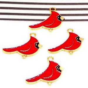 4 or 10 Cardinal Connector Links - Enamel Bird - Red and Gold - Bird Pendant -  Cardinal Charms - Enameled - Winter - Remembrance - 23mm