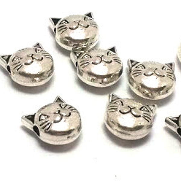 10, 50 or 100 Silver Cat Beads - Antique Silver - Beads for Bracelets - Lead Free - Metal Beads - Silver Kitty - Pet Bead - Cat Face - 8mm