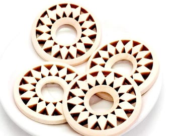 Carved Wood Rings, Wooden Flower Connector Ring, Pendant for Jewelry & Crafts (35mm, 4 pieces)
