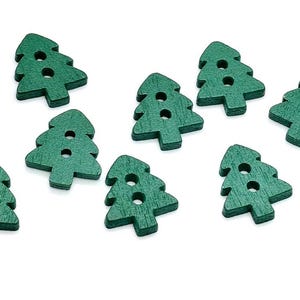 May include: Ten green wooden Christmas tree buttons with two holes each.
