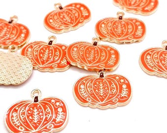 Enamel Pumpkin Charms, Orange & Gold, Halloween Pendants (21mm, 4 or 10 pieces)