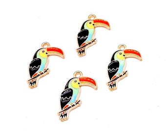 Enamel Toucan Bird Charms, Gold Tone, Animal Jewelry Pendants (23mm, 4 or 10 pieces)
