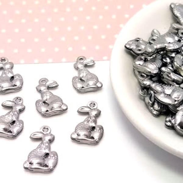 10, 50 or 100 Stainless Steel Rabbit Charms - Lightweight - Hollow - Bunny Charm - Easter Bunny - Easter Charms - Animal Charm - 18mm