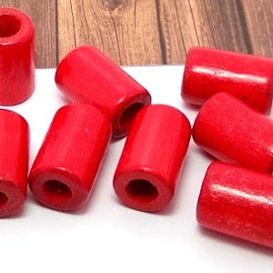 8 Red Wood Beads  - Large Hole Wood Beads - Wooden Macrame Beads - Beads with Large Hole - Vintage Macrame Bead - Wooden Tube Bead - 25mm