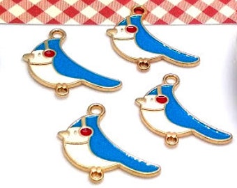 Blue Jay Connector Links, Enamel & Gold, Winter Bird Jewelry Charms (23mm, 4 or 10 pieces)