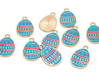 Enamel Easter Egg Charms, Blue, Pink & Gold, Jewelry Pendants (22mm, 4 or 10 pieces)