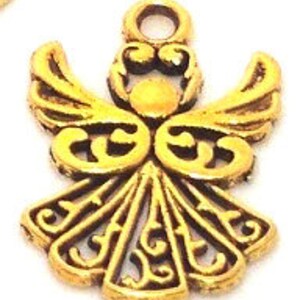 May include: Gold-toned metal angel charm with intricate details and a loop for hanging.