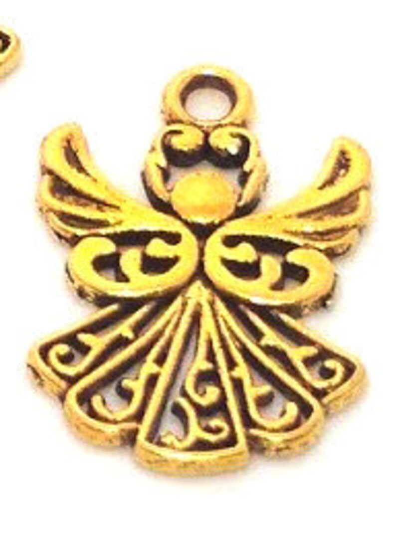May include: Gold-toned metal angel charm with intricate details and a loop for hanging.