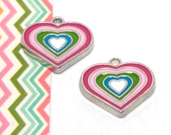 2 or 10 Colorful Heart Charms - Enameled Heart - Heart Pendant - Colorful Heart - Little Girl Charm - Silver Tone - Rainbow Heart - 17mm