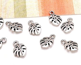 Silver Monstera Leaf Charms, Metal Alloy, Small Jewelry Pendants (13mm, 10 or 50 pieces)