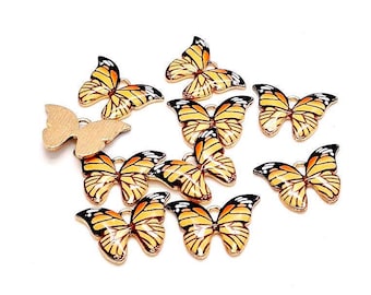 Monarch Butterfly Charms, Orange Yellow Black Gold, Enamel Pendants (15mm, 4 or 10 pieces)