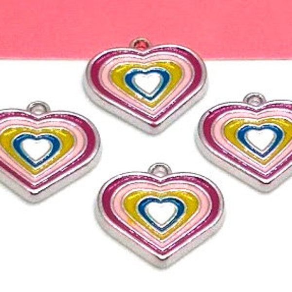 4 or 10 Colorful Heart Charms - Enameled Heart - Heart Pendant - Colorful Heart - MultiCcolored Heart- Silver Tone - 17mm