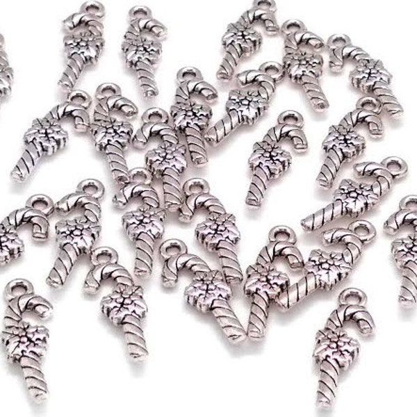 10 or 50 Silver Candy Cane Charms - Candy Charms - Christmas Charms - Lead Free Charms - Charms in Bulk - Candy Cane Pendant - 25mm