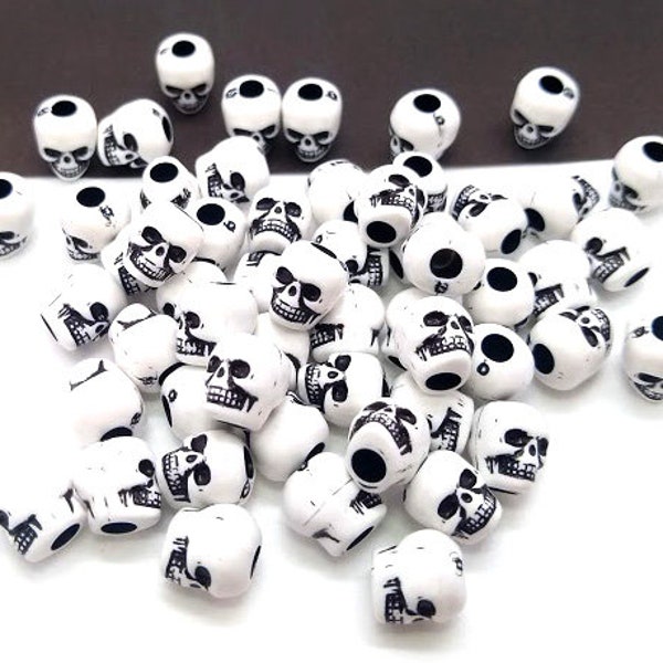 50 or 100 Acrylic Skull Beads - Beads In Bulk - Plastic Skull Beads - Halloween Beads - Black and White Skull Beads - 10mm