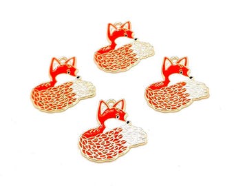 Enamel Fox Charms, Orange White & Gold, Woodland Animal, Jewelry Pendants (27mm, 4 or 10pieces)