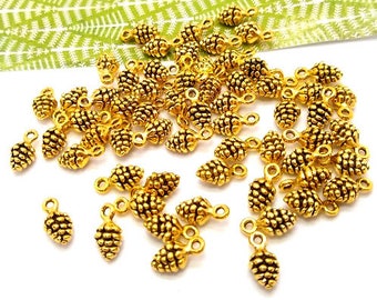 10 or 50 Pine Cone Charms - Antique Gold - Christmas Charms - Small Gold Charms - Lead Free - Charms in Bulk - Small Pine Cone - 13mm