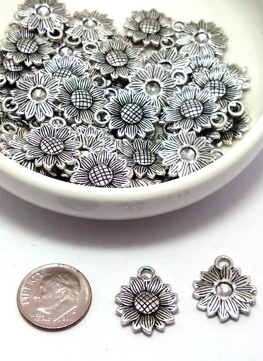 10 50 or 100 Sunflower Charms Silver Sunflower Charm Lead Etsy