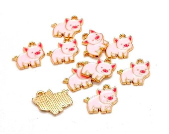 Enamel Pig Charms, Pink & Gold, Animal Pendants (16mm, 4 or 10 pieces)
