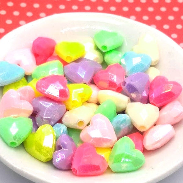 50 Pastel Heart Beads - Puffy Heart - Faceted Heart - Acrylic - AB Finish - Iridescent - Plastic Heart Bead - Mixed Color Heart Beads - 12mm