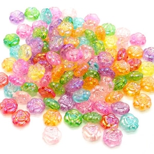 100 Transparent Acrylic Flower Beads - Assorted Colors - In Bulk - Plastic Flower Beads - Iridescent - Transparent - Mixed Color - 10mm