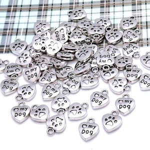 10 or 50 Silver Dog Paw Charm - Bulk Silver Charms - Antique Silver Dog Heart Charm - Lead Free Charms - Small Silver Dog Charm - 13mm