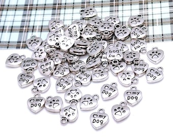 Silver Dog Paw Heart Charm, Metal Alloy, Pet Charm (13mm, 10 or 50 pieces)