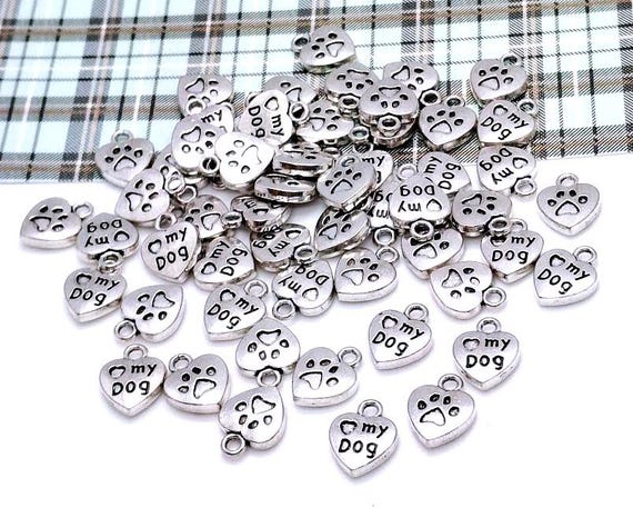 Silver Dog Paw Heart Charm, Metal Alloy, Pet Charm (13mm, 10 or 50 pieces)