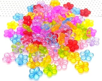 Acrylic Flower Beads, Assorted Transparent Colors, Plastic Craft Bead (14mm, 100 or 500 pieces)