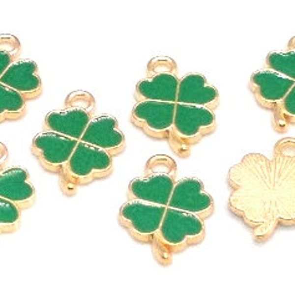 4, 10 or 25 Green Clover Charms - St. Patrick's Day - 4 Leaf Clover - Good Luck Charms - Clover Pendant - Green and Gold - Shamrock - 18mm