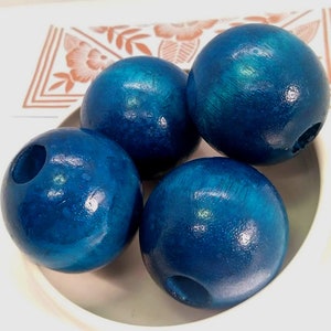 4  Blue Wood Beads - Vintage Wood Bead - Beads with Large Hole - Wooden Macrame Beads - Large Wood Beads - 37mm