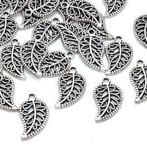 Silver Leaf Charms, Metal Alloy, Small Jewelry Pendant (18mm, 10 or 50 pieces)