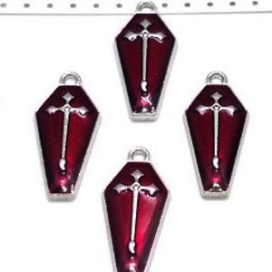 4 or 10 Coffin Charms - Dark Red - Enameled Charms- Coffin Pendant - Halloween Charms - Small Coffin Charm -26mm