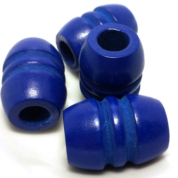 4 or 10 Blue Large Hole Wood Beads - Blue Wooden Bead - Macrame Beads - Beads with Large Hole - Vintage Macrame Beads - Hair Beads - 28mm