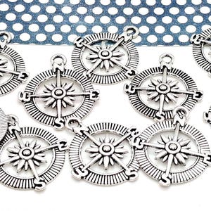 10 or 50 Silver Compass Charms - Compass Pendant - Graduation Charms - Travel Charms - Camping Charms - Hiking Charms - North Star - 29mm