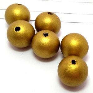 6 Gold Wood Beads - Large Wood Bead - Macrame Beads - Round Wood Beads - Painted Beads - Gold Wooden Beads - 23mm