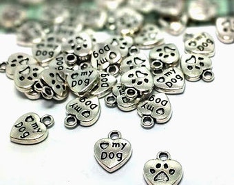 10, 50 or 100 Silver Dog Paw Charm - Bulk Silver Charms - Antique Silver Dog Heart Charm - Lead Free Charms - Small Silver Dog Charm - 13mm