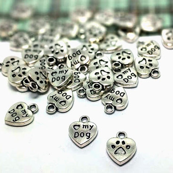 10, 50 or 100 Silver Dog Paw Charm - Bulk Silver Charms - Antique Silver Dog Heart Charm - Lead Free Charms - Small Silver Dog Charm - 13mm