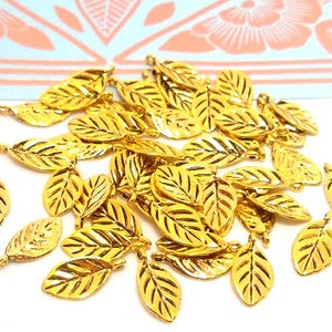 10 or 50 Gold Leaf Charms - Antique Gold Tone - Small Gold Charm - Lead Free - Charms in Bulk - Gold Leaves - Metal Alloy - 15mm