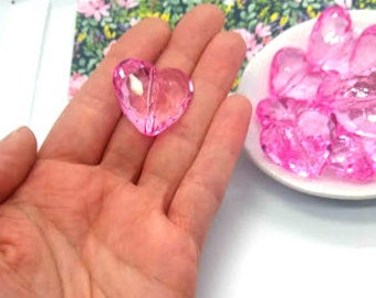 10 or 30 Pink Heart Beads - Acrylic Heart Beads - Large Heart Bead - Faceted Heart Beads - Valentines Day - Pink Plastic Heart Bead - 25mm