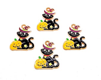 Enamel Cat & Pumpkin Charms, Orange Black Purple Gold, Halloween Pendants (24mm, 4 or 10pieces)
