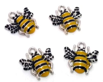 4 or 10 Bee Charms - Enameled Bee Charms - Colorful Charms - Insect Charm - Bee Pendant - Silver Tone - Animal Charm - Honey Bee - 17mm