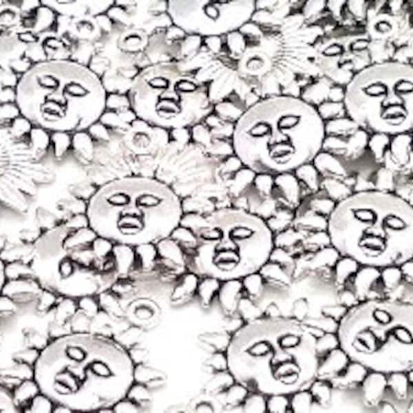 10 or 50 Silver Sun Charms - Antique Silver Tone - Charms in Bulk - Lead Free - Bulk Sun Charms - Sun Pendant - Sun with Face - 23mm