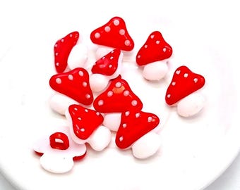 Mushroom Buttons, Red & White, Plastic, Shank Buttons, Sewing Craft (15mm, 10 pieces)
