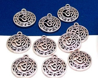 10 or 50 Silver Om Charms - Meditation Charm - Yoga Charm - Charms in Bulk - Lead Free - Antique Silver - Bulk Charms - 22mm