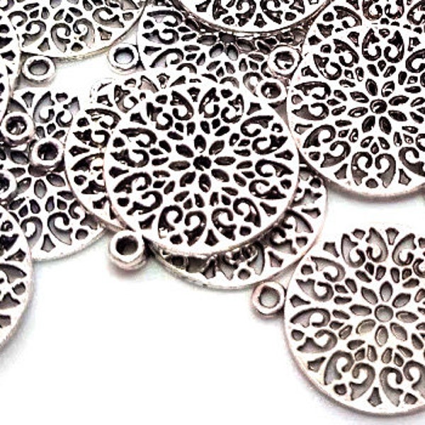 10 or 50 Silver Flower Links - In Bulk - Decorative Link - Flower Connector -Earring Finding - Antique Silver - Filigree Flower Charm - 24mm