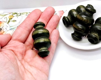 Green Wood Beads, Large Hole, Vintage Macrame Bead, Turned Wood (50mm, 4 or 8Pieces)