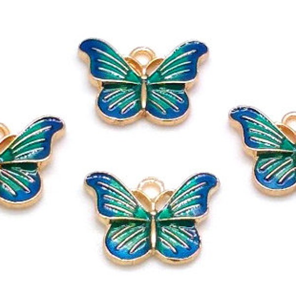 4 Blue Enamel Butterfly Charms - Blue Teal Gold - Butterfly Pendants - Enameled Butterfly - Colorful Butterfly Charm - 16mm